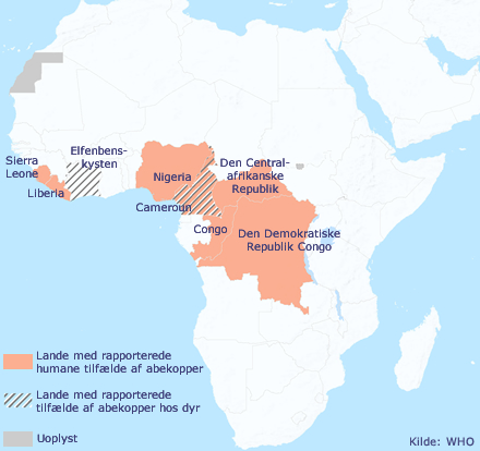 Figur 1. Lande i Afrika, der har påvist tilfælde af abekopper i dyr og mennesker i perioden 2010-2018