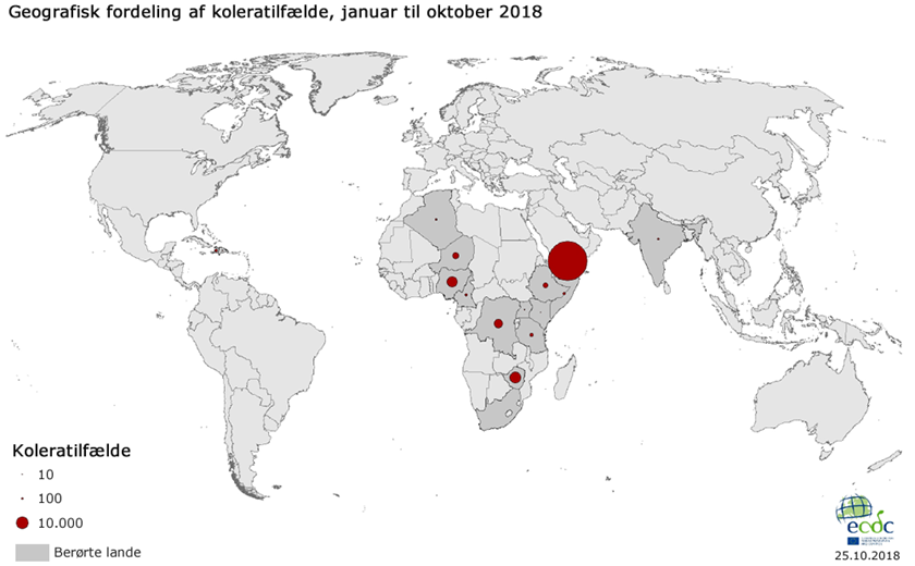 Geografisk fordeling af koleratilfælde, januar til oktober 2018