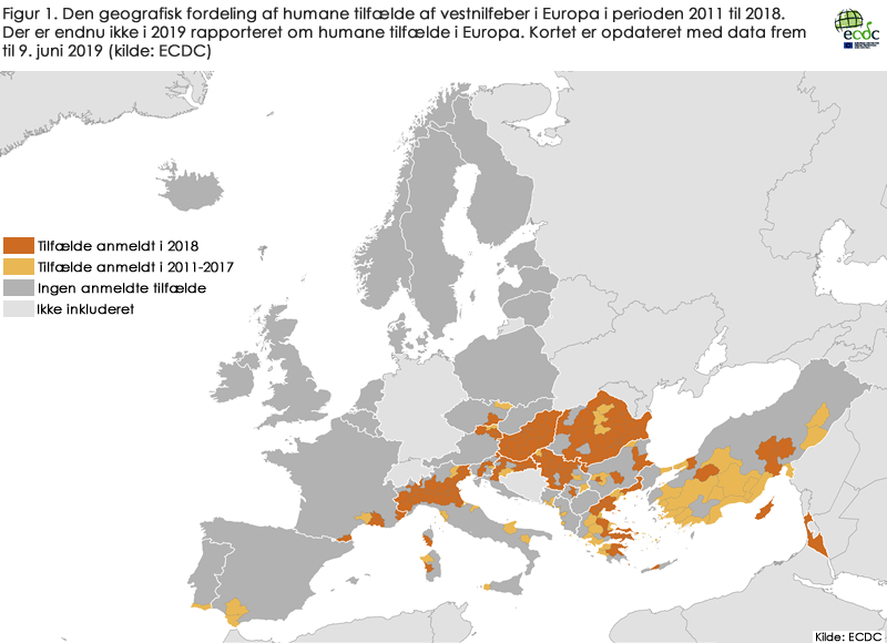 Den geografisk fordeling af humane tilfælde af vestnilfeber i Europa i 2011 til 2018. Der er endnu ikke i 2019 rapporteret om humane tilfælde i Europa.