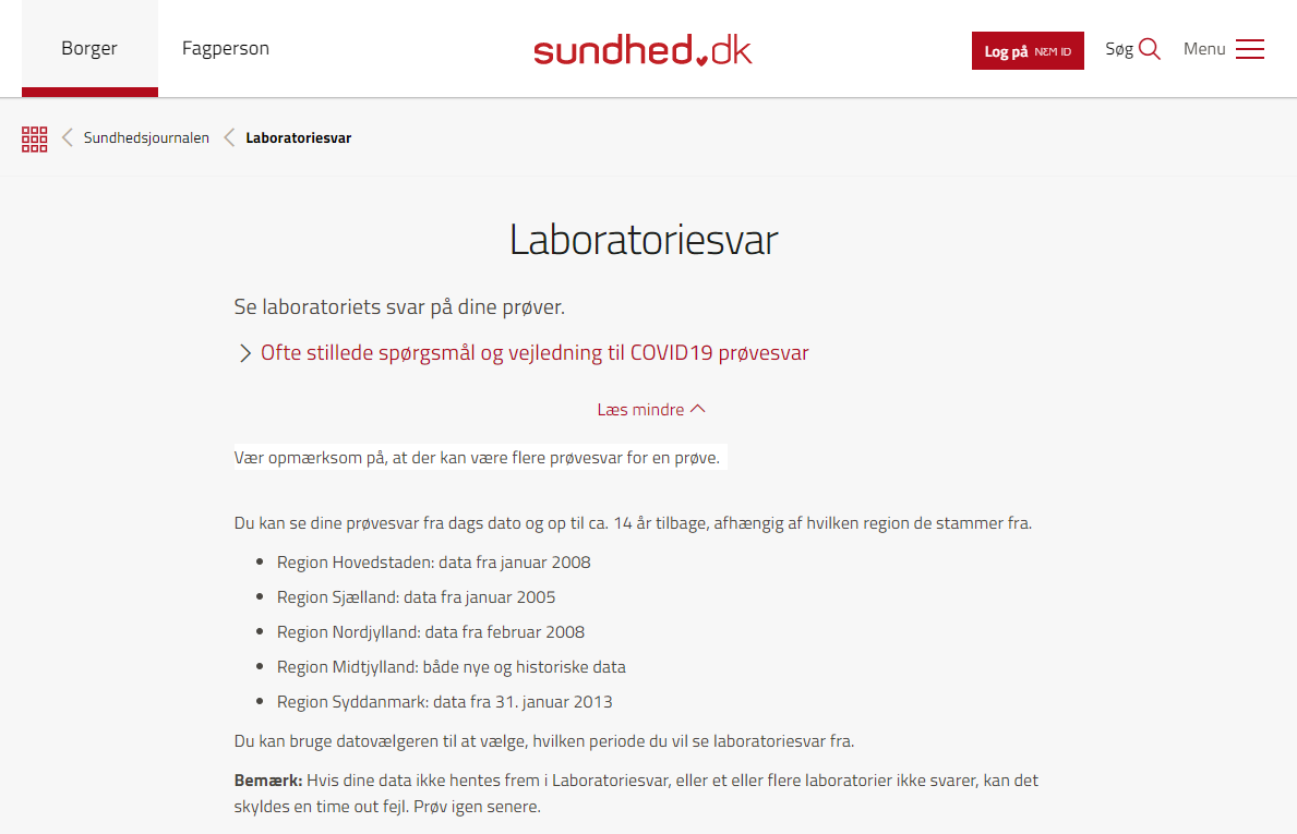 Screendump fra Sundhed.dk - Laboratoriesvar