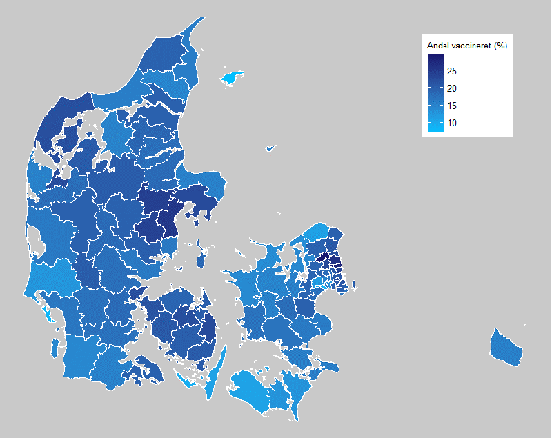 Danmarkskort der viser tilslutning til influenzavaccination blandt børn i alderen 2-6 år per kommune (opgjort den 16. november 2021).