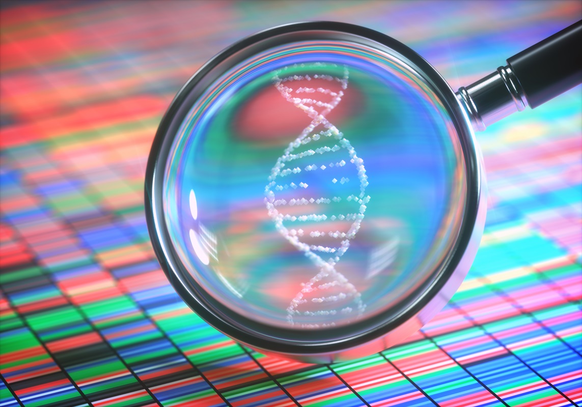 Grafisk illustration af et forstørrelsesglas, der viser DNA