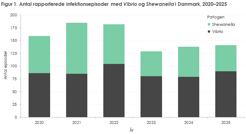 Figur 1. Antal rapporterede infektionsepisoder med Vibrio og Shewanella i Danmark, 2020–2025