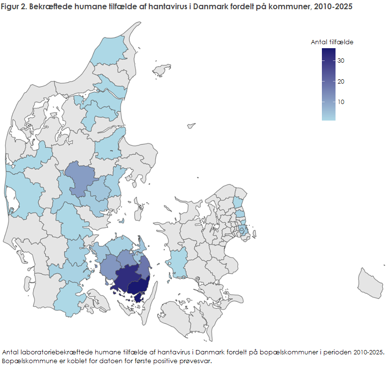 Figur 2. Bekræftede humane tilfælde af hantavirus i Danmark fordelt på kommuner, 2010-2025