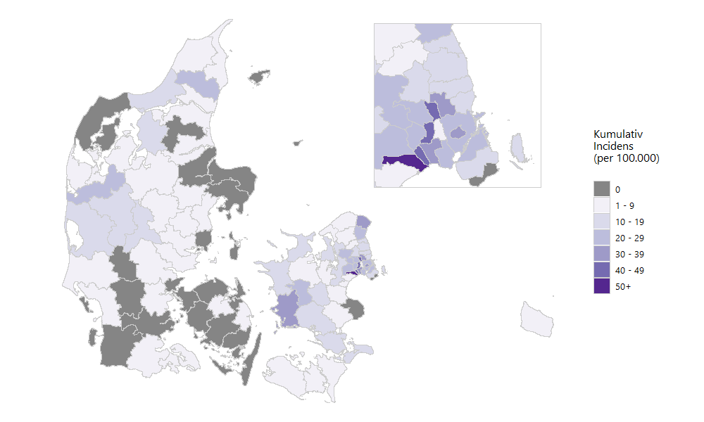 Antal nye COVID-19-tilfælde per 100.000 indbyggere, de seneste 7 dage, fordelt på kommuner, med zoom på københavnsområdet øverst til højre