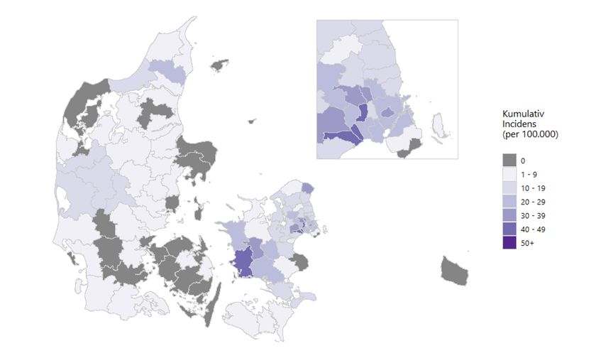 Antal nye COVID-19-tilfælde per 100.000 indbyggere, de seneste 7 dage, fordelt på kommuner, med zoom på københavnsområdet øverst til højre