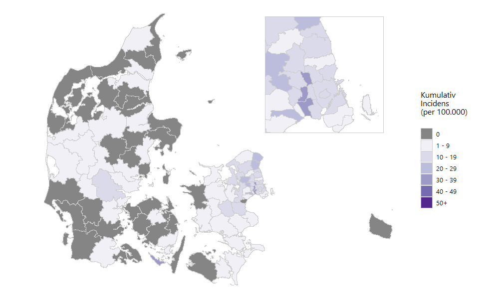Antal nye COVID-19-tilfælde per 100.000 indbyggere, de seneste 7 dage, fordelt på kommuner, med zoom på københavnsområdet øverst til højre