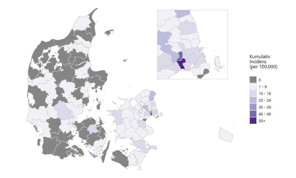 Antal nye COVID-19-tilfælde per 100.000 indbyggere, de seneste 7 dage, fordelt på kommuner, med zoom på københavnsområdet øverst til højre