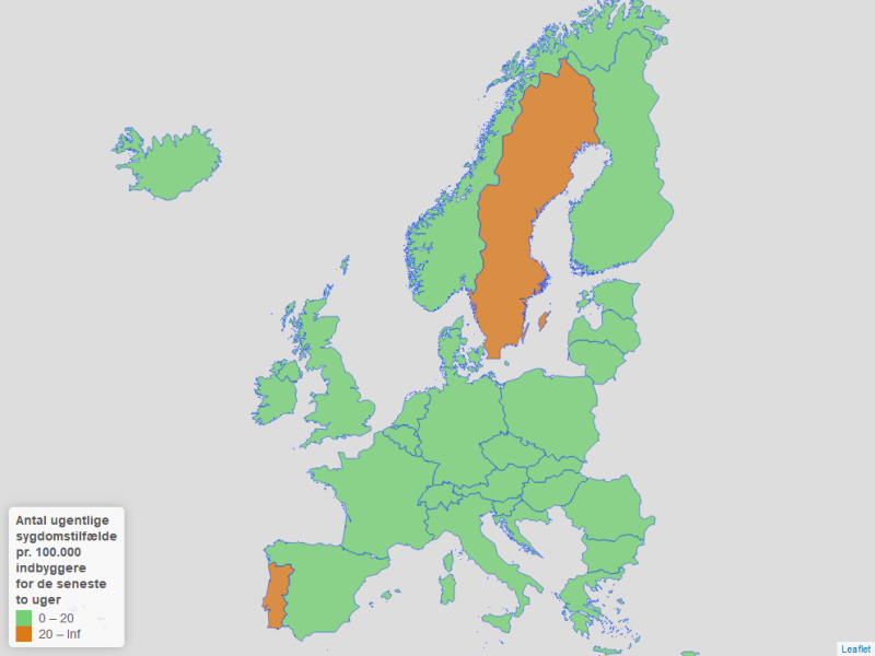 Kort der lande der overholder kriteriet vedr. smitte i de nye rejsevejledninger 