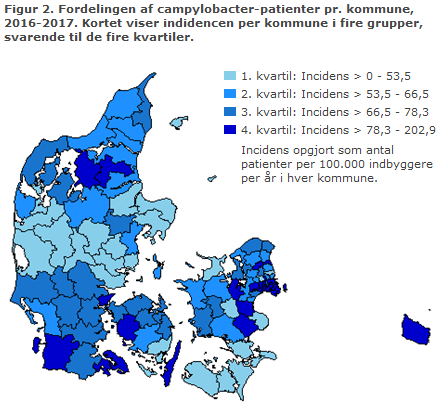 Figur 2. Fordelingen af Campylobacter-patienter pr. kommune, 2016-2017. Kortet viser incidencen pr. kommune i fire grupper, svarende til de fire kvartiler.