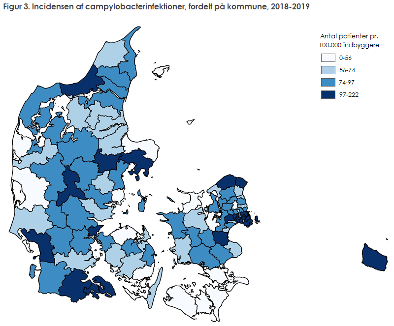 Figur 3. Incidensen af campylobacterinfektioner, fordelt på kommune, 2018-2019