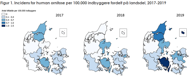 Figur 1. Incidens for human ornitose per 100.000 indbyggere fordelt på landsdele 2017-2019