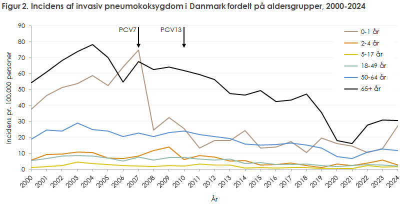 Figur 2. Incidens af invasiv pneumokoksygdom i Danmark fordelt på aldersgrupper, 2000-2024