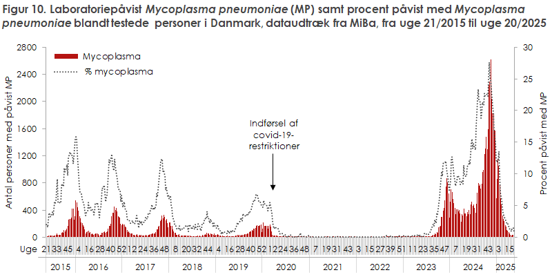 Figur 10. Laboratoriepåvist Mycoplasma pneumoniae (MP) samt procent påvist med Mycoplasma pneumoniae blandt testede personer i Danmark, dataudtræk fra MiBa, fra uge 21/2015 til uge 20/2025