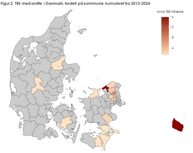 Figur 2. TBE med smitte i Danmark, fordelt på kommune, kumuleret fra 2013-2024