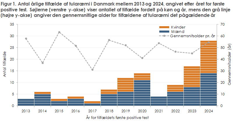 Figur 1. Antal årlige tilfælde af tularæmi i Danmark mellem 2013 og 2024, angivet efter året for første positive test. Søjlerne (venstre y-akse) viser antallet af tilfælde fordelt på køn og år, mens den grå linje (højre y-akse) angiver den gennemsnitlige alder for tilfældene af tularæmi det pågældende år