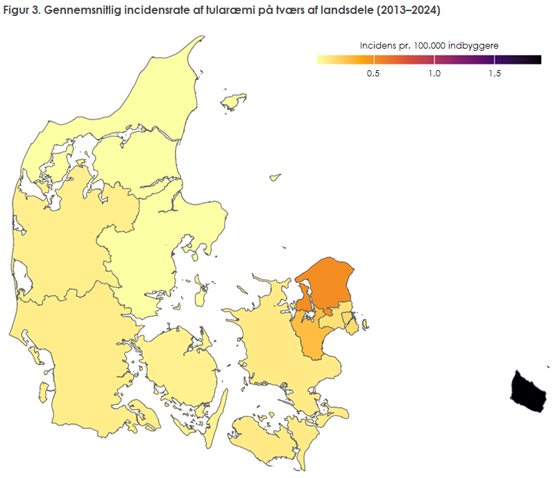 Figur 3. Gennemsnitlig incidensrate af tularæmi på tværs af landsdele (2013–2024)