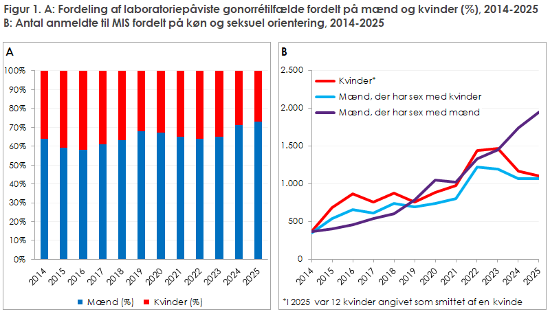 Figur 1. A: Fordeling af laboratoriepåviste gonorrétilfælde fordelt på mænd og kvinder (%), 2014-2025.  B: Antal anmeldte til MIS fordelt på køn og seksuel orientering, 2014-2025