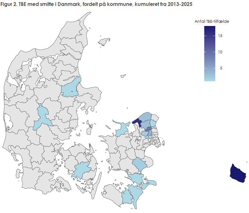 Figur 2. TBE med smitte i Danmark, fordelt på kommune, kumuleret fra 2013-2025