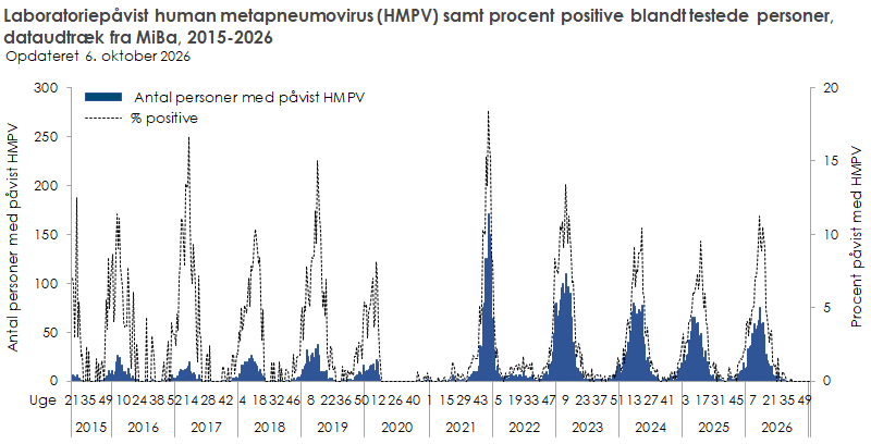 Laboratoriepåvist human metapneumovirus samt procent positive blandt testede personer, dataudtræk fra MiBa, 2015-2026