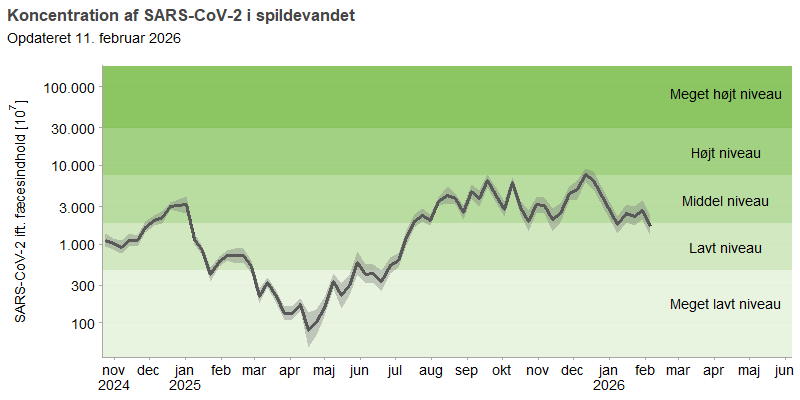 Figuren viser et  linjediagram over udviklingen af den gennemsnitlige koncentration af SARS-CoV-2 i spildevandet over de seneste 16 måneder. Koncentrationerne af viruspartikler er normaliseret efter koncentrationen af fæces i spildevandet.  linjediagrammet for SARS-CoV-2 viser en top på middel niveau i juli 2024, som falder til lavt niveau mellem august og december. Endnu en top på middel niveau ses fra december til januar 2025, hvorefter koncentrationen falder til meget lavt niveau i april. Fra maj ses en vedvarende stigning, og koncentrationen har siden august ligget på et middel niveau.