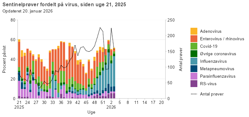 Søjlediagram med linje, der viser resultater fra sentinelprøver fordelt på virus, siden uge 21, 2025. Søjlerne viser andelen af positive prøver for RS-virus, parainfluenzavirus, metapneumovirus, influenzavirus, øvrige coronavirus, covid-19, enterovirus/rhinovirus og adenovirus, mens linjen viser det samlede antal analyserede prøver. Enterovirus/rhinovirus udgør største del af de positive prøver i hele perioden, mens influenza- og RS-virus gradvist bidrager mere senere på året, fraset en forøget forekomst af influenza i uge 33-37. Parainfluenza udgør den næststørste andel af positive prøver, men er aftagende igennem perioden. Covid-19 havde højeste forekomst i sommerperioden. Linjen viser stigende antal sentinelprøver fra uge 28 og frem og er nu på over 100 prøver per uge.