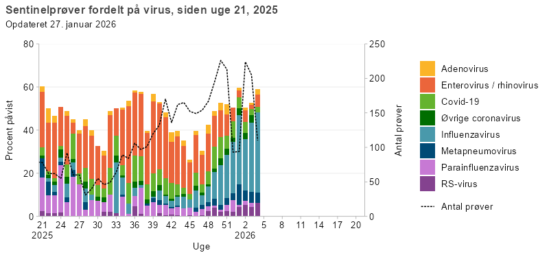 Søjlediagram med linje, der viser resultater fra sentinelprøver fordelt på virus, siden uge 21, 2025. Søjlerne viser andelen af positive prøver for RS-virus, parainfluenzavirus, metapneumovirus, influenzavirus, øvrige coronavirus, covid-19, enterovirus/rhinovirus og adenovirus, mens linjen viser det samlede antal analyserede prøver. Enterovirus/rhinovirus udgør største del af de positive prøver i hele perioden, mens influenza- og RS-virus gradvist bidrager mere senere på året, fraset en forøget forekomst af influenza i uge 33-37. Parainfluenza udgør den næststørste andel af positive prøver, men er aftagende igennem perioden. Covid-19 havde højeste forekomst i sommerperioden. Linjen viser stigende antal sentinelprøver fra uge 28 og frem og er nu på over 100 prøver per uge.