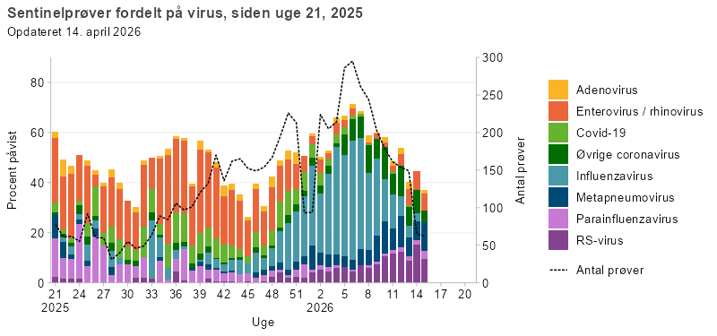Søjlediagram med linje, der viser resultater fra sentinelprøver fordelt på virus, siden uge 21, 2025. Søjlerne viser andelen af positive prøver for RS-virus, parainfluenzavirus, metapneumovirus, influenzavirus, øvrige coronavirus, covid-19, enterovirus/rhinovirus og adenovirus, mens linjen viser det samlede antal analyserede prøver. Enterovirus/rhinovirus udgør største del af de positive prøver i frem til uge 48, hvorefter influenza bliver det dominerende virus. RS-virus udgør gradvist en større andel fra 2026 og frem. Covid-19 havde højeste forekomst i sommerperioden og det tidlige efterår. Linjen viser stigende antal sentinelprøver fra uge 28 og frem og er på over 200 prøver per uge.