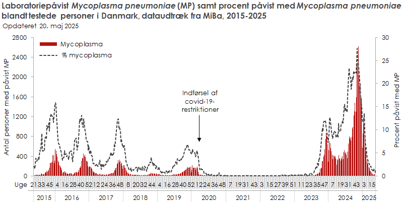Laboratoriepåvist mykoplasma samt procent påvist med mykoplasma blandt testede personer i Danmark, dataudtræk fra MiBa, 2015 og frem