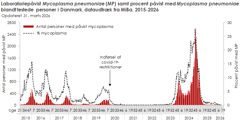 Laboratoriepåvist mykoplasma samt procent påvist med mykoplasma blandt testede personer i Danmark, dataudtræk fra MiBa, 2015 og frem