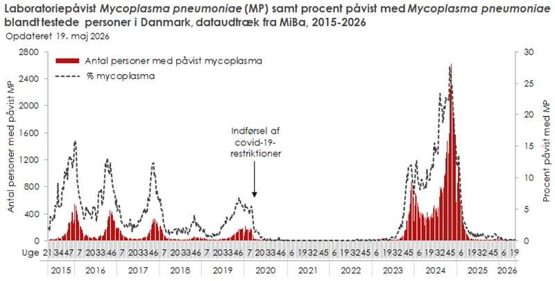 Laboratoriepåvist mykoplasma samt procent påvist med mykoplasma blandt testede personer i Danmark, dataudtræk fra MiBa, 2015 og frem