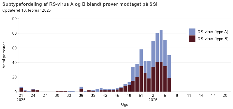 Subtypefordeling af RSV A og RSV B blandt prøver modtaget på SSI i denne sæson