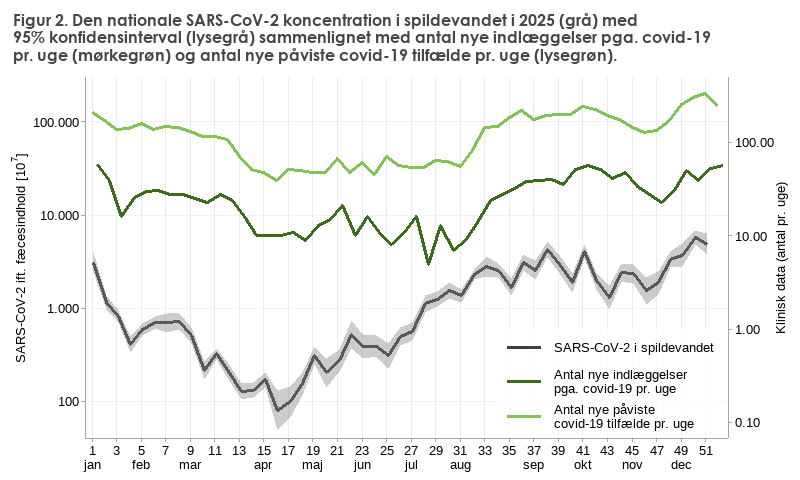 Figur 2. Den nationale SARS-CoV-2 koncentration i spildevandet i 2025 (grå) med 95% konfidensinterval (lysegrå) sammenlignet med antal nye indlæggelser pga. covid-19 pr. uge (mørkegrøn) og antal nye påviste covid-19 tilfælde pr. uge (lysegrøn). Det ses at alle tre kurver er lavest i foråret, og højere hen mod slutningen af året. 