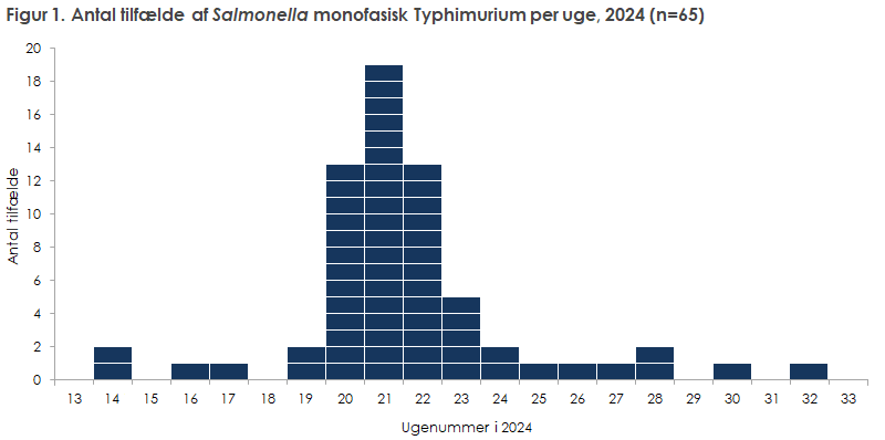 Figur 1. Antal tilfælde af Salmonella monofasisk Typhimurium sekvenstype 34 per uge, 2024 (n=65)