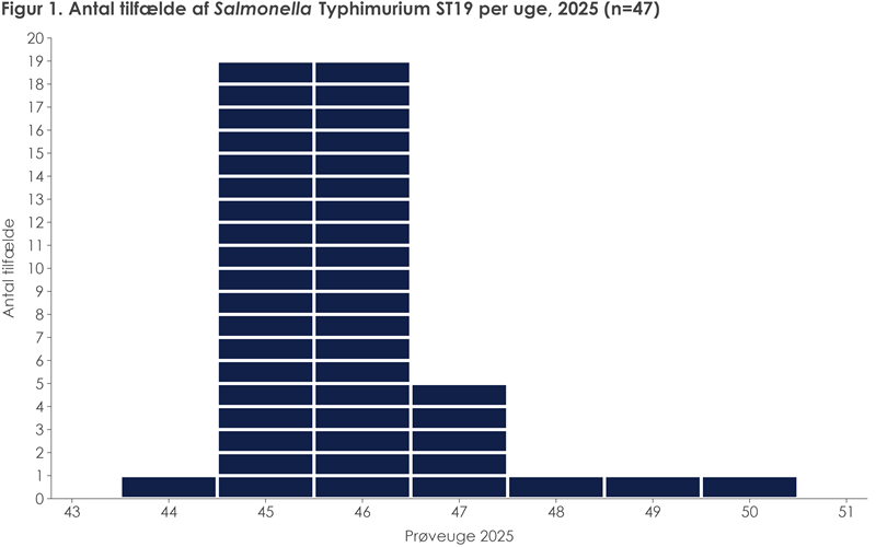 Figur 1. Antal tilfælde af Salmonella Typhimurium per uge, 2025 (n=47)