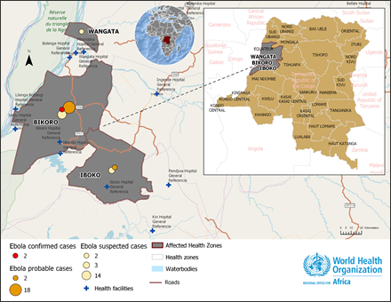Kort over udbrudsområdet i Den Demokratiske Republik Congo pr. 15. maj 2018. Klik på kortet for større format.