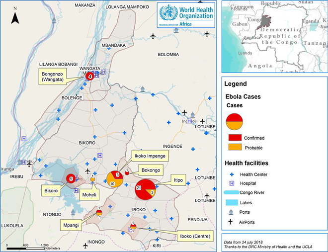Geografisk fordeling af ebolavirus-tilfælde, DRC april – 24. juli 2018, WHO 25. juli 2018