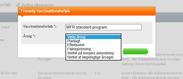 Screendump der viser at man skal vælge årsag ved ændringer i vaccinationsforløb