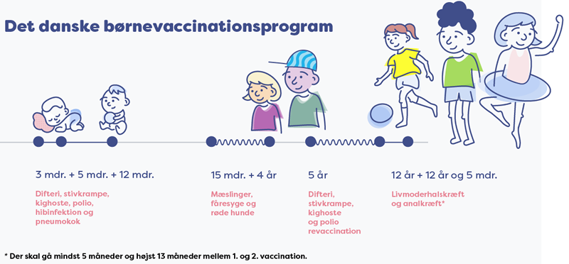 En tidslinje viser børn fra spæd til teenager og angiver vaccinationstidspunkter: ved 3, 5 og 12 måneder mod difteri, stivkrampe, kighoste, polio, Hib-infektion og pneumokok; ved 15 måneder og 4 år mod mæslinger, fåresyge og røde hunde; ved 5 år revaccination mod difteri, stivkrampe, kighoste og polio; samt ved 12 år og igen 5 måneder senere vaccination mod livmoderhalskræft og analkræft. Illustrationer af børn i forskellige aldre ledsager tidslinjen. En note angiver, at der skal gå mindst 5 og højst 13 måneder mellem første og anden HPV-vaccination.