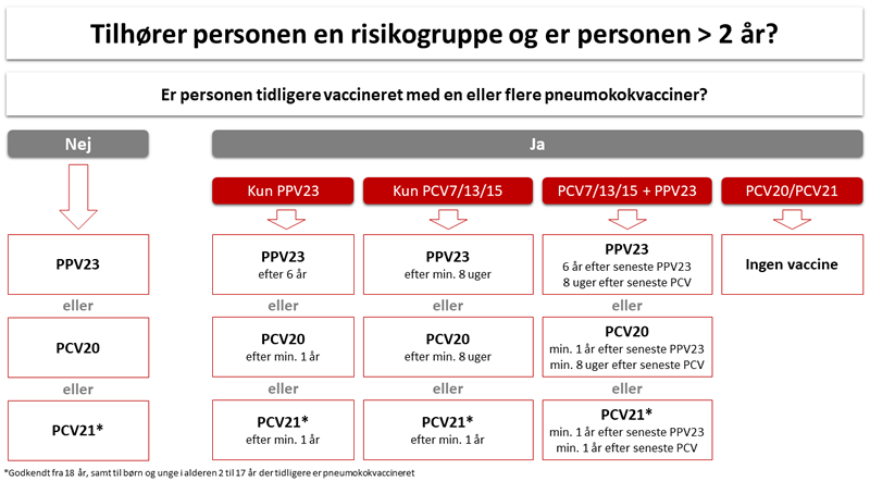 Klik for større format Oversigt over muligheder for pneumokokvaccination til personer over 2 år i øget risiko for alvorlig pneumokoksygdom