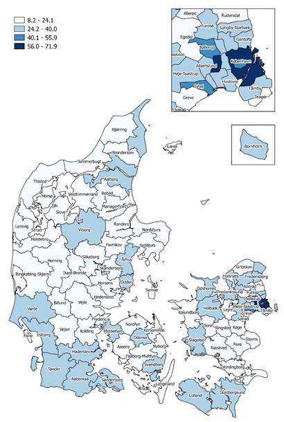 Antal alkoholrelaterede sygehuskontakter pr. 1.000 indbyggere, fordelt på kommuner, 2013