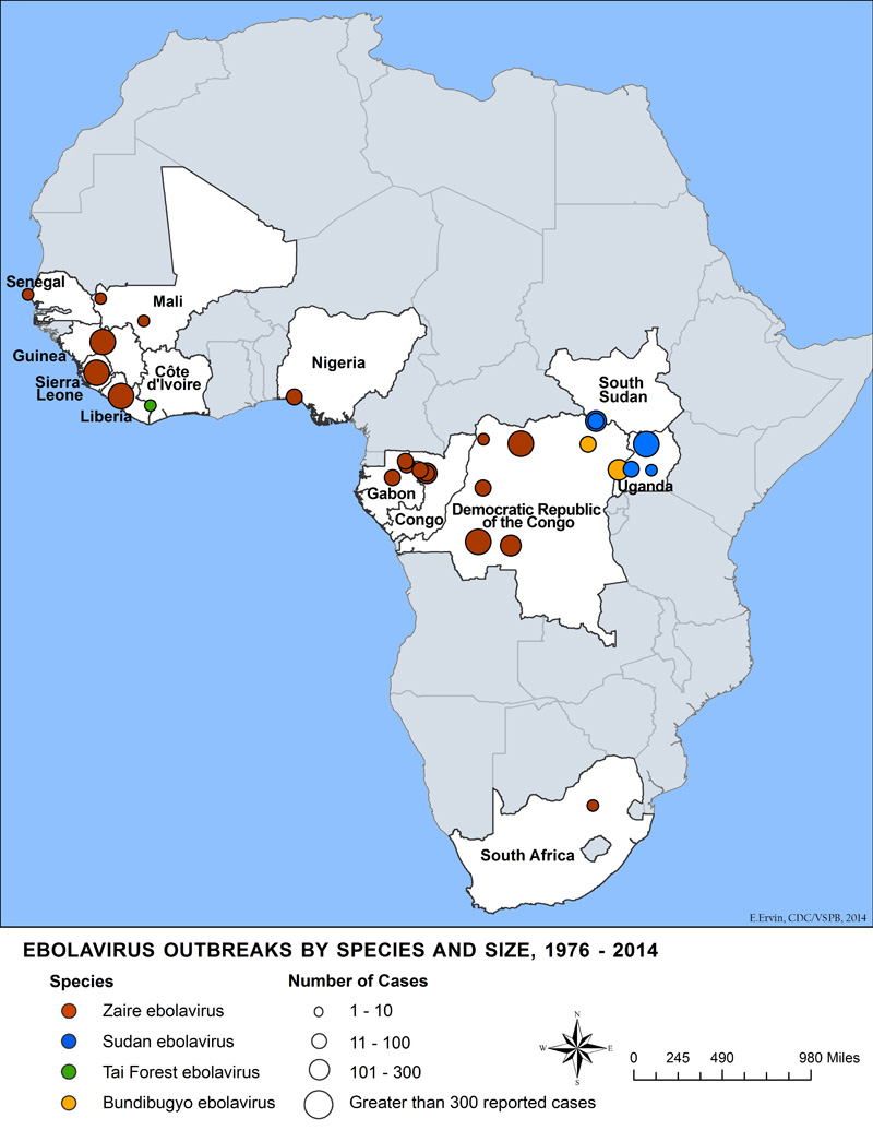 Kort over tidligere udbrud af ebola