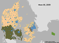 Link til Danmarkskort over udbredelse af 2009-influenzapandemien, engelsk (åbner i nyt vindue)