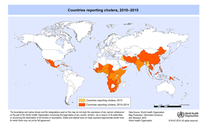 Verdenskort med rapporterede udbrud af kolera 2010-2015