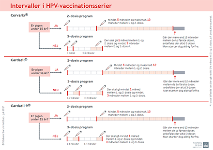 Lille billede af skema med vaccinationsintervaller for HPV