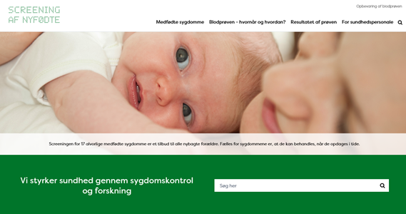 Screendump fra ny hjemmeside om screening af nyfødte